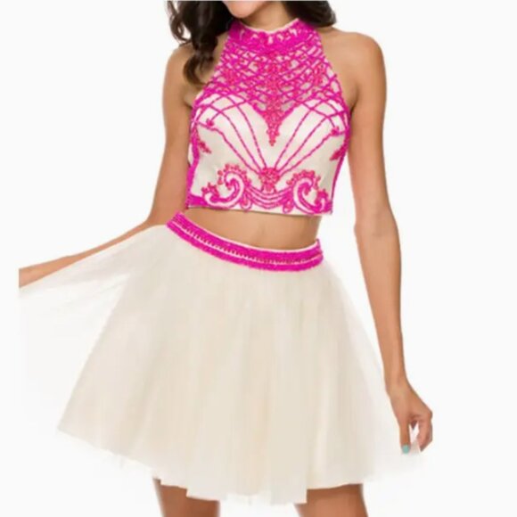 Two Piece Halter Affordable Prom Dress, champagne and fuchsia, size XL - Picture 1 of 5